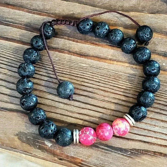 Handcrafted Chakra Bracelet Deep Pink Aqua Terra Jasper Black Lava - Picture 6 of 7